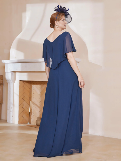 V-neck Flutter Sleeves Asymmetrical Dress Dark Navy Chiffon Mother of the Bride Dresse