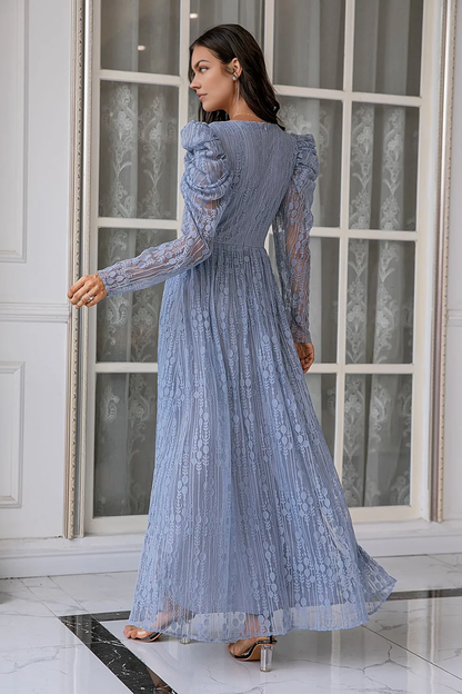 A-Line Blue Lace Long Prom Dress Wedding Guest Party Dresses with Sleeves