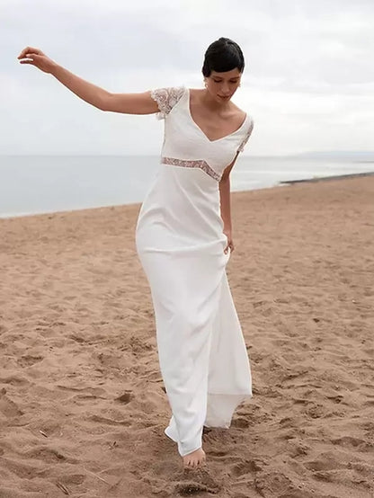 Simple Boho Wedding Dress Ivory Lace A-Line Sweep Raised Waist Backless Short Sleeves V-Neck Bridal Dress