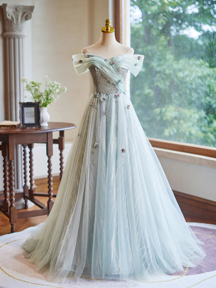 A-Line Off Shoulder Tulle Green Long Prom Dress Evening Dress