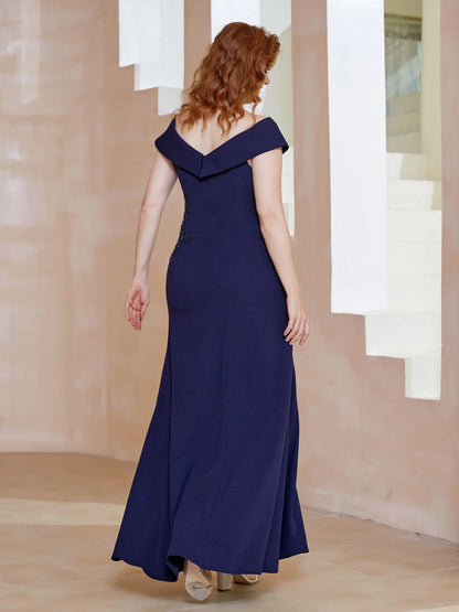 V-neck Beaded Sequins Dress With Slit Dark Navy Floor-length Mother of the Bride Dresse