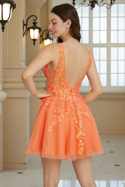 Orange A Line V-Neck Glitter Homecoming Dress with Sequins