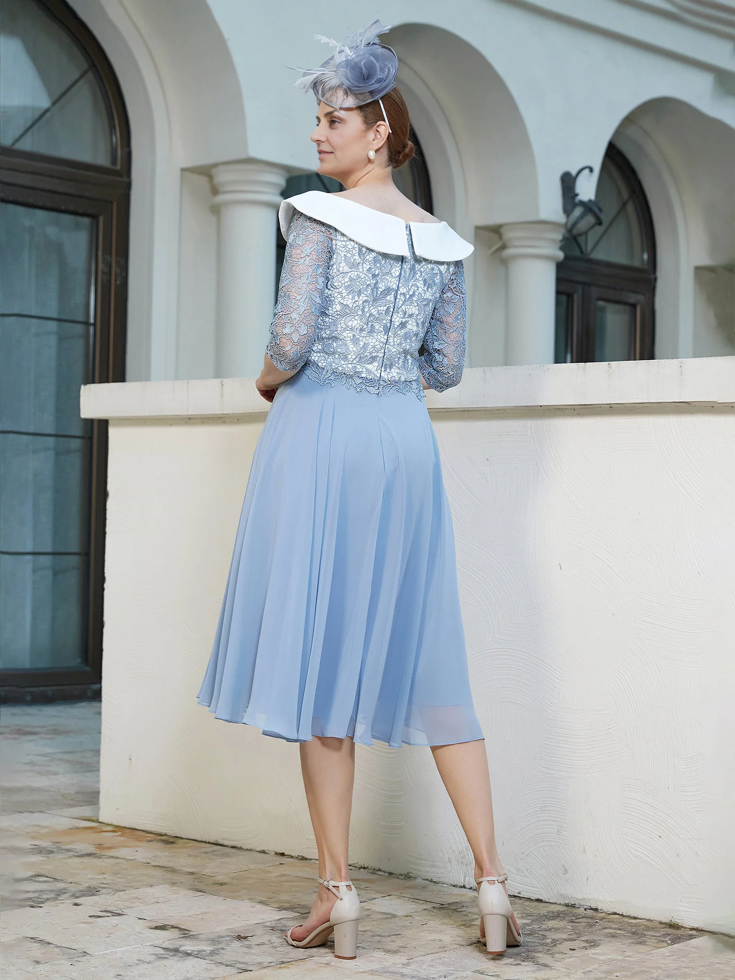 A-line Tea-length Chiffon Dress Dusty Blue Mother of the Bride Dresse