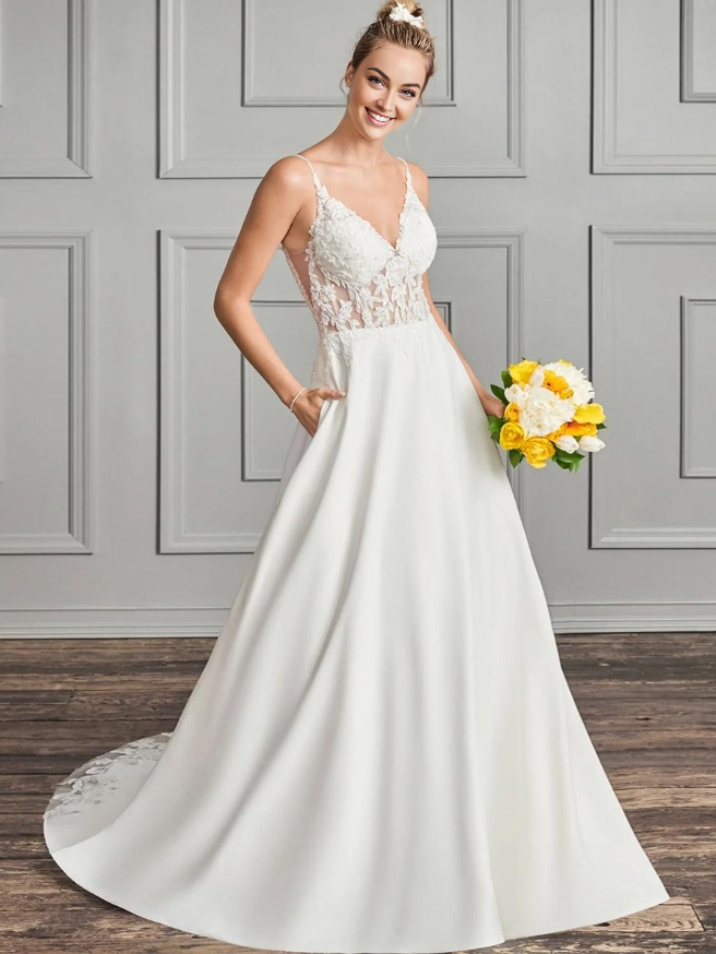 White Simple Wedding Dress A-Line V-Neck Sleeveless Lace Bridal Dresses