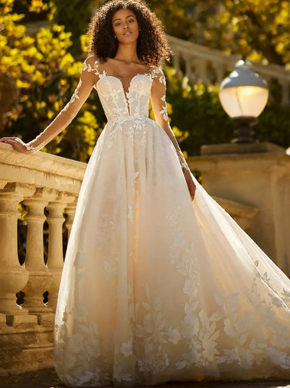 Wedding Dress A-Line With Train V-Neck Long Sleeves Natural Waist Lace Tulle Bridal Dresses