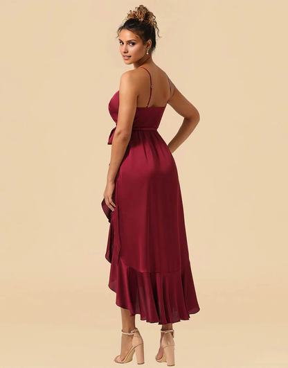 Burgundy Spaghetti Straps Asymmetrical Satin Bridesmaid Dress Wedding Guest Party Dresses