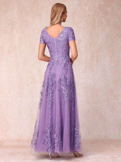 A-Line/Princess Sheer Neck Short Sleeves Long Formal Mother of the Bride Dresse with Appliques & Sequins