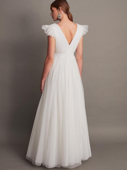 Simple Wedding Dress A-Line V-Neck Short Sleeves Pleated Bridal Gowns