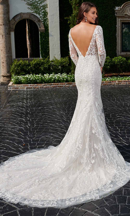 Mermaid Long Sleeve Embroidered Backless Bridal Gown Wedding Dress