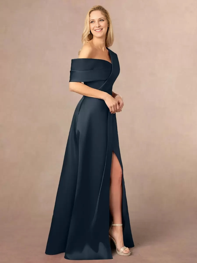 Mother Of The Bride One-Shoulder Short Sleeves A-Line Split Front Floor-Length Wedding Guest Dresses