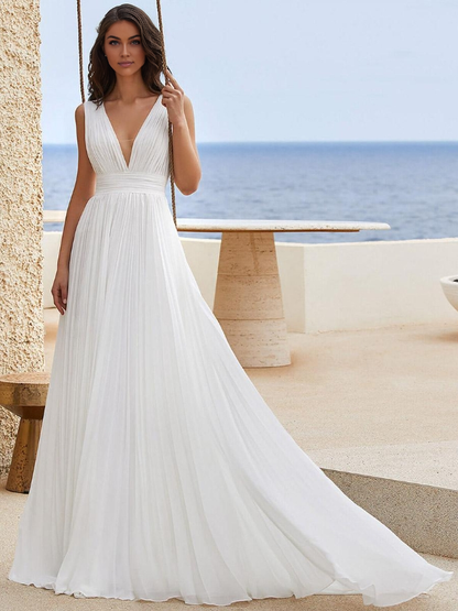 Simple Wedding Dress Chiffon V-Neck Sleeveless Pleated A-Line Backless Bridal Gowns