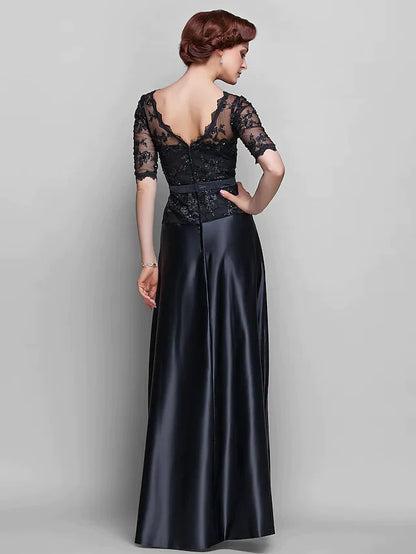 A-Line Mother of the Bride Dress See Through V Neck Floor Length Lace Satin Half Sleeve with Lace Bow(s) Beading