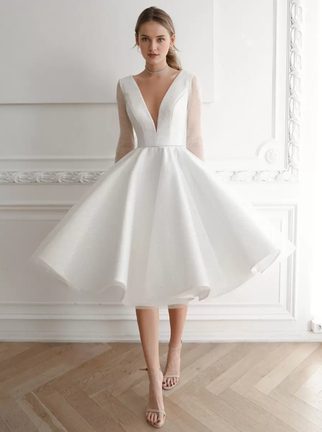 A-Line Short Wedding Dress V-Neck Long Sleeves Short Knee-Length Bridal Gowns