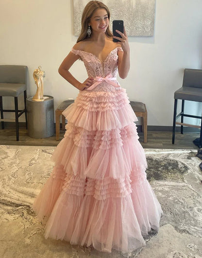 A-Line Princess V Neck Lace Tulle Tiered Long Prom Dress