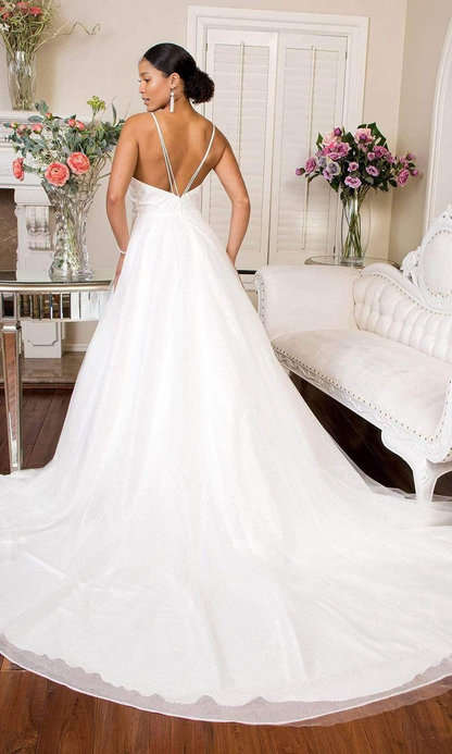 Embroidered Deep V Neck Mesh A-line Wedding Dress Gown Court Train Dresses