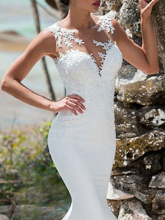 Mermaid Lace Jewel Neck Sleeveless Back Hollow Out Bridal Gowns Wedding Dress With Train