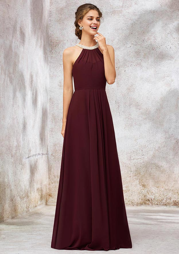 Chiffon Bridesmaid Dress A-line Scoop Neck Sleeveless Long/Floor-Length With Pleated Beading Wedding Guest Dresses