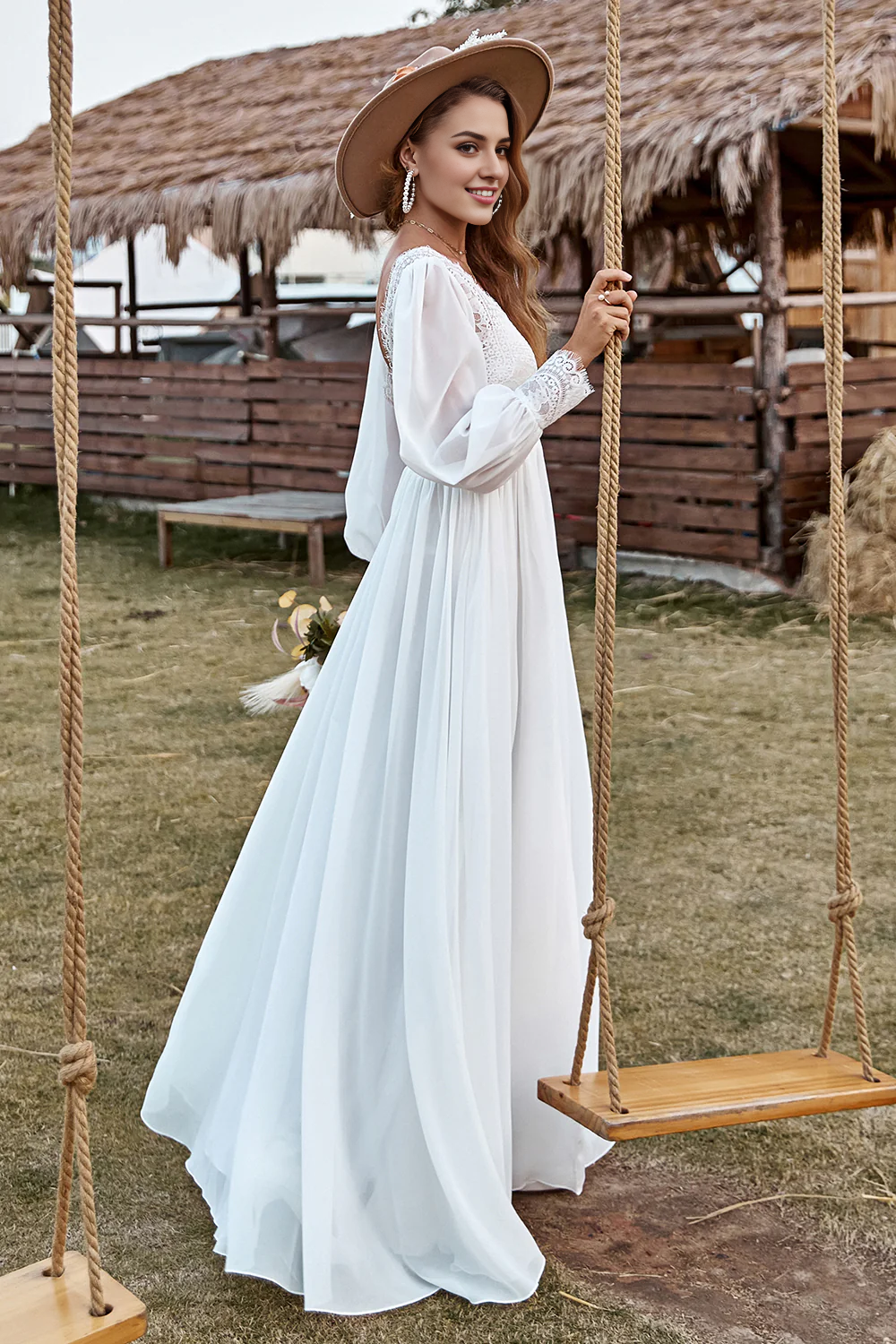 Ivory Lace Chiffon V-Neck Long Sleeve Boho Wedding Dress With Slit