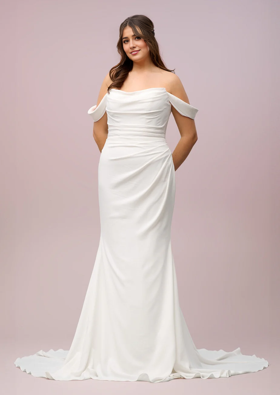 Sheath/Column Plus Size Wedding Dress Charmeuse Ruched Off-the-Shoulder Sleeveless