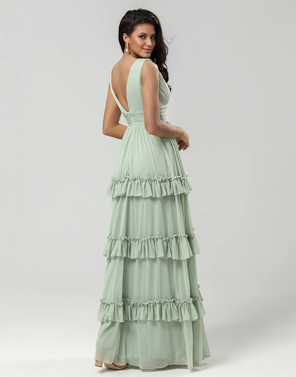 A Line Chiffon V-Neck Bridesmaid Dress with Pleated