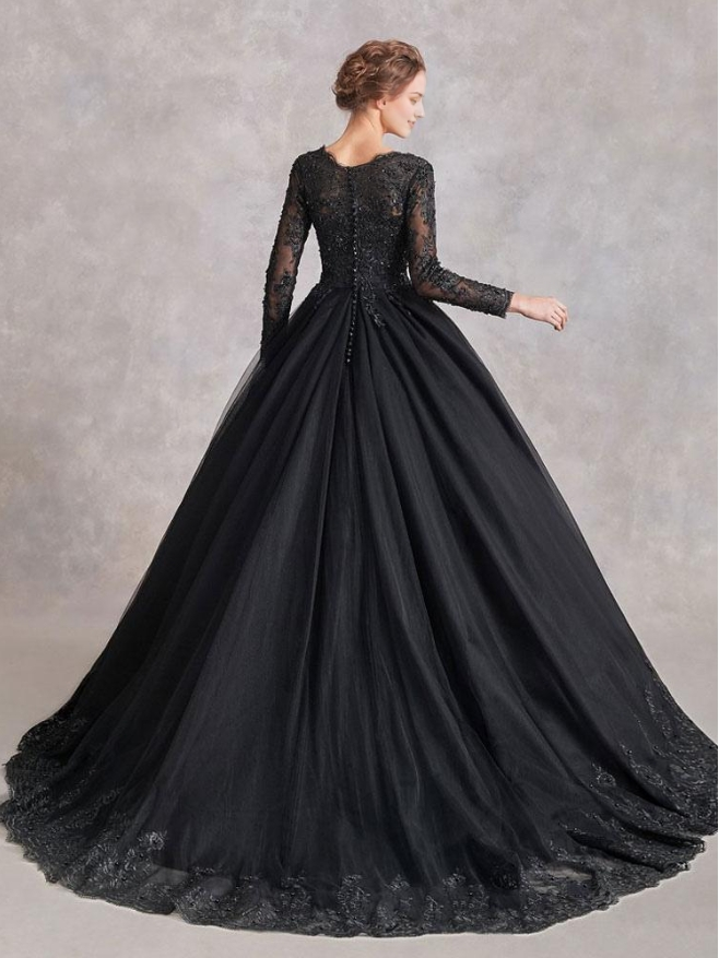 Gothic Black Wedding Dresses A-Line Long Sleeves Lace With Train Bridal Dress