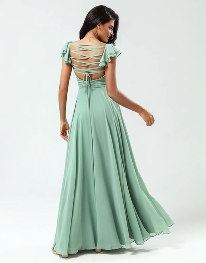 Simple Lace-Up Back A Line Chiffon Green Bridesmaid Dress with Ruffles