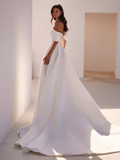 A-Line Wedding Dress Court Train Off-The-Shoulder Sleeveless Satin Bridal Gowns