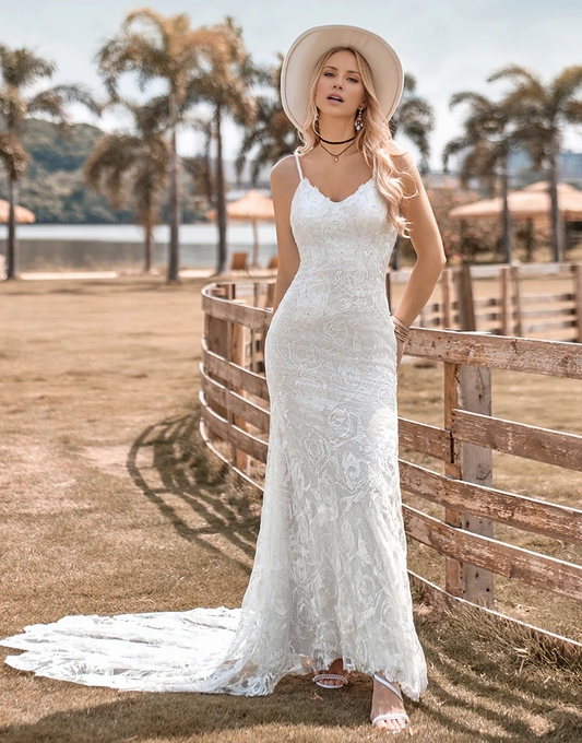 Mermaid Spaghetti Straps Lace Ivory Wedding Dress Sweep Train Dress