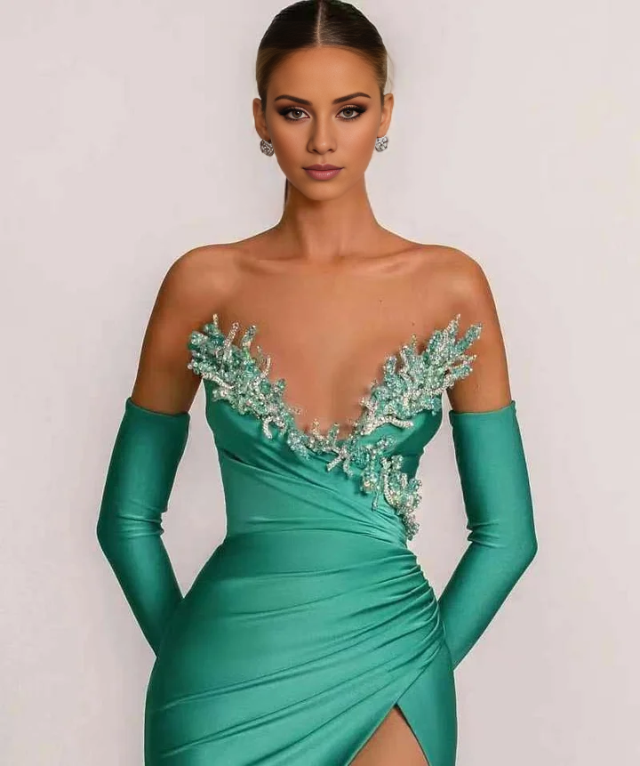 Mermaid V Neck Split Beadings Evening Dress With Gloves