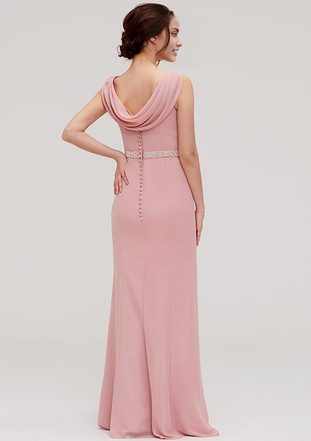 Sleeveless Long Chiffon Bridesmaid Dress With Waistband Beading