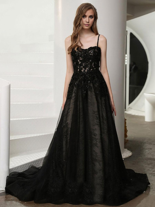 Gothic Wedding Dresses Lace A-Line Sleeveless Natural Waist Lace Court Train Bridal Gown