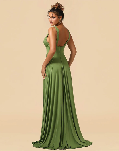 Olive A-Line Deep V-neck Floor Length Bridesmaid Dress Wedding Guest Party Dresses with Split