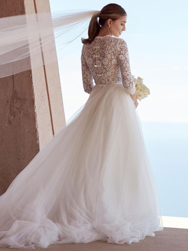 Simple Wedding Dress A-Line Jewel Neck 34 Length Sleeves Lace Tulle Bridal Gowns