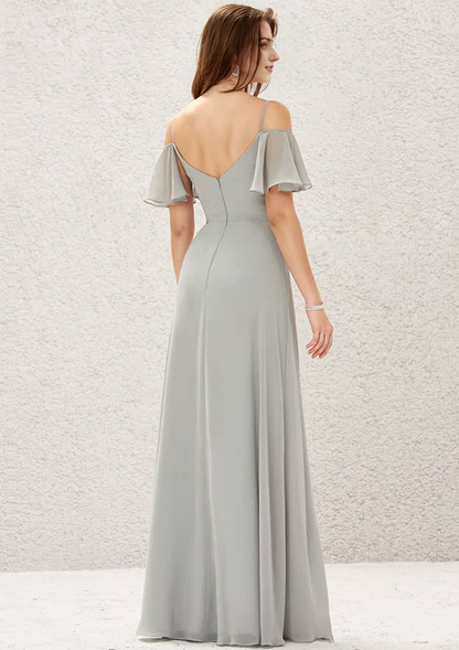 Sweetheart Short Sleeve Long Chiffon Bridesmaid Dress With Pleated