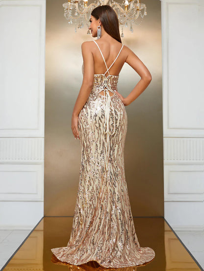 Sexy Slit Long Prom Dress Spaghetti Strap Floor-length Sequins/Sparkling Dress