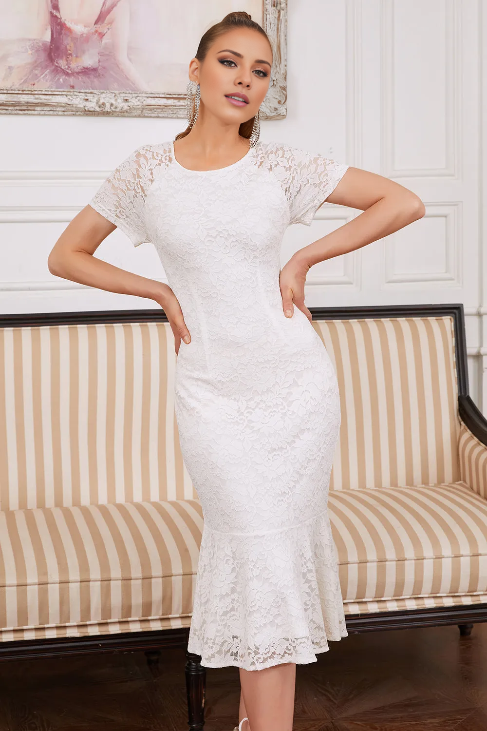 Mermaid Sheath Jewel White Lace Party Dress Wedding Guest Dresses