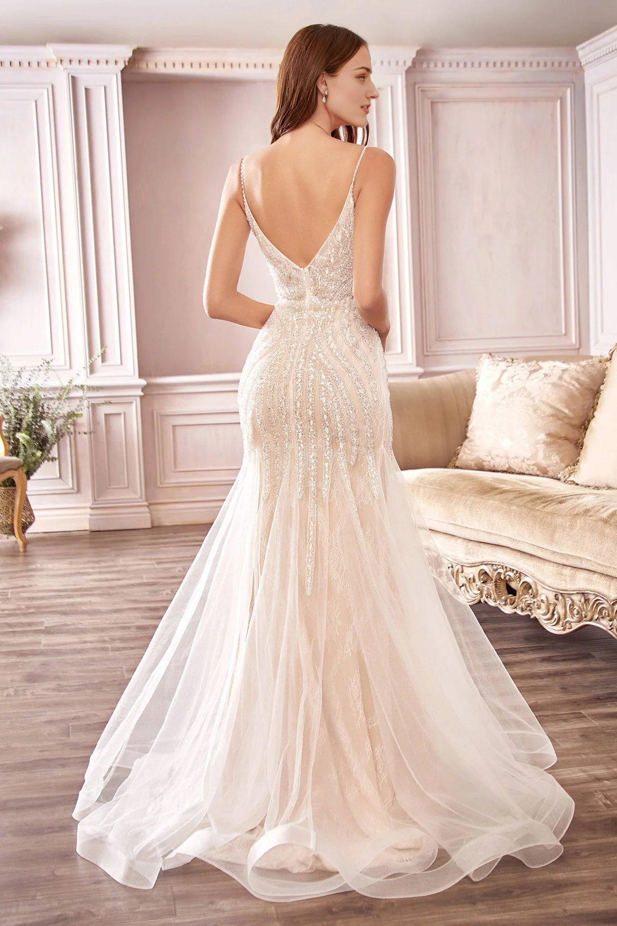 Stunning Beaded Mermaid Gown V-Neck Tulle Sparkling Wedding Dress