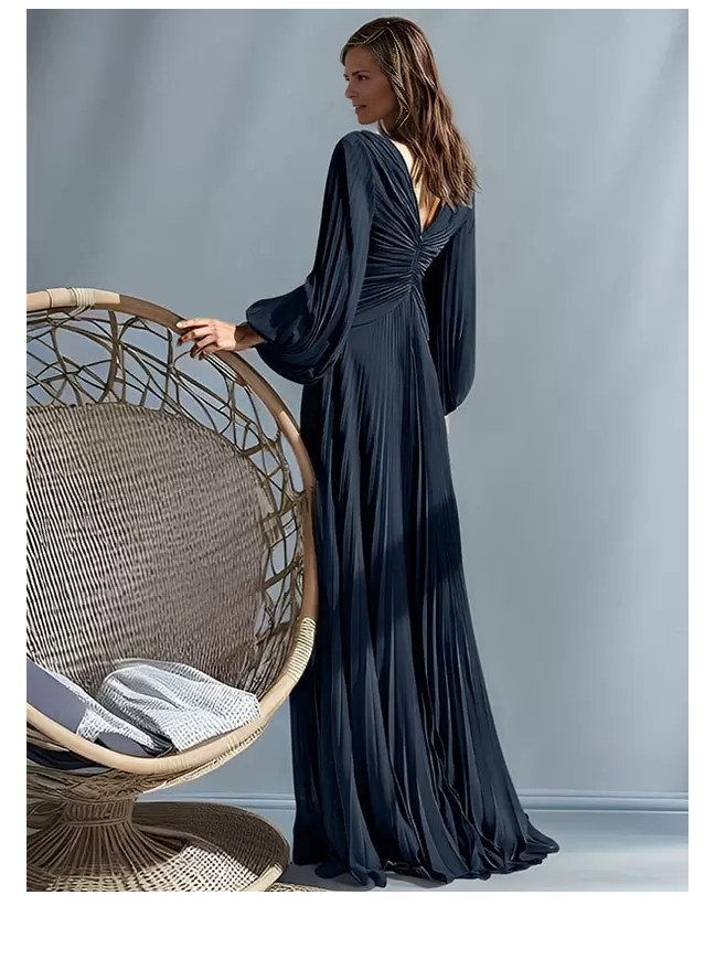 Mother of the Bride Dresse V-Neck Long Sleeves A-Line Pleated Floor-Length Guest Dresses For Wedding