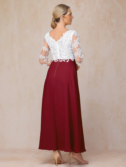 3/4 Sleeves A Line Ankle Length Chiffon Lace Mother of the Bride Dresse