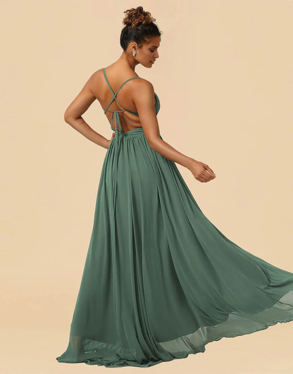 A-Line Spaghetti Straps Floor Length Chiffon Bridesmaid Dress Wedding Guest Party Dresses with Split