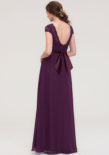 A-line Chiffon Bridesmaid Dress Bateau Short Sleeve Floor-Length With Sashes Lace