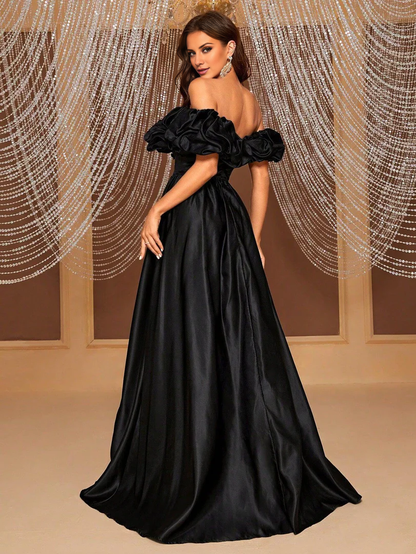 Off the Shoulder Black Floor-length Prom Dress A-Line Satin Ballgown