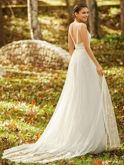 Simple Wedding Dress White Lace Square Neckline Sleeveless Backless A-Line Bridal Gowns