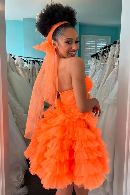 Orange Strapless Ruffle Tiered Tulle Short Homecoming Dress