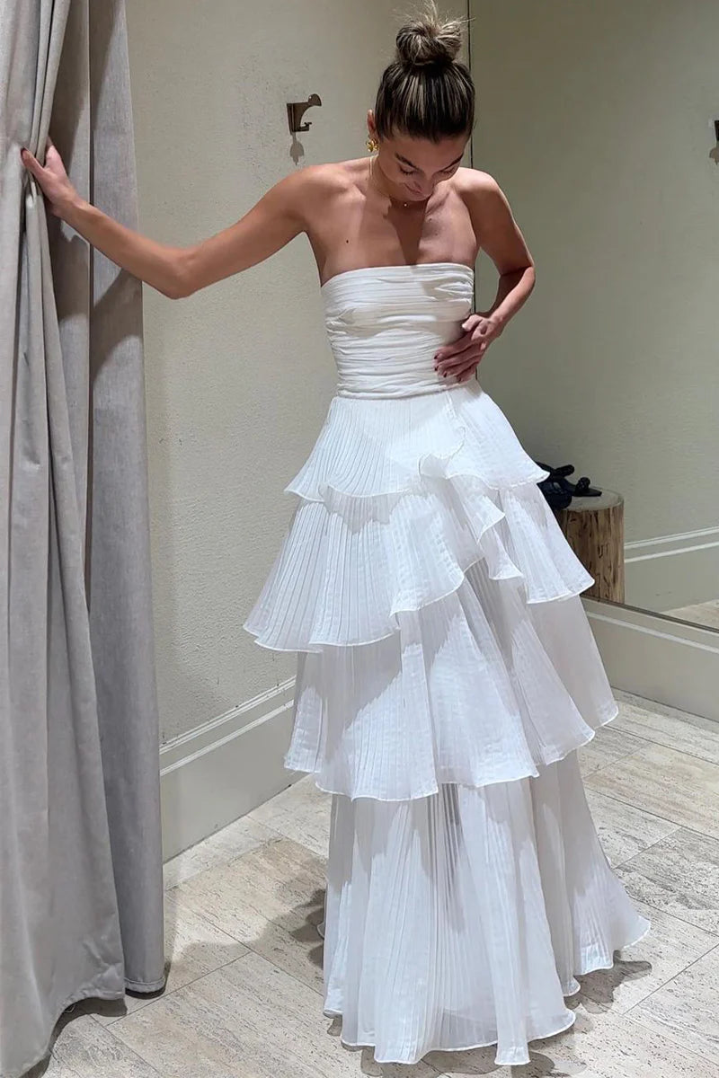 White Long Prom Dress Cute A-Line Srapless Tiered Wedding Dresses