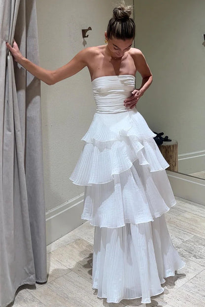 White Long Prom Dress Cute A-Line Srapless Tiered Wedding Dresses