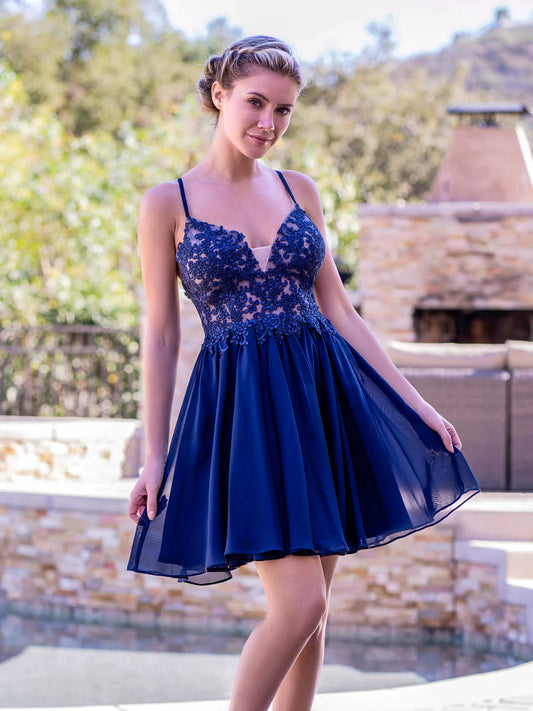 Cute A-Line Deep V-applique Back Lace Up Mini Length Homecoming Dress