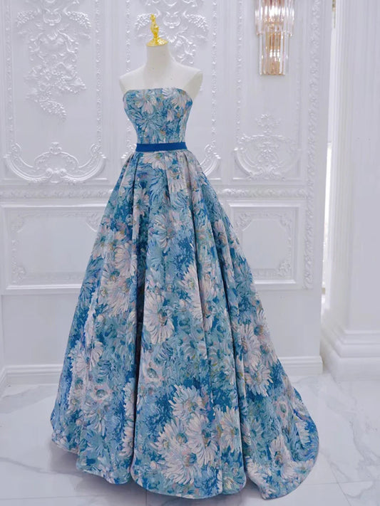 A-Line Flower Satin Blue Long Prom Dress Formal Dress