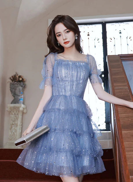 Glitter Blue Layers Tulle Formal Off Shoulder Homecoming Dress Party Dress