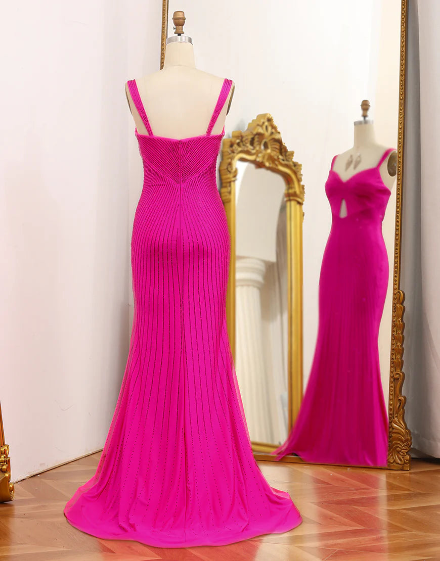 Mermaid Hot Pink Prom Dress With Hollow-out Floor-length Dress